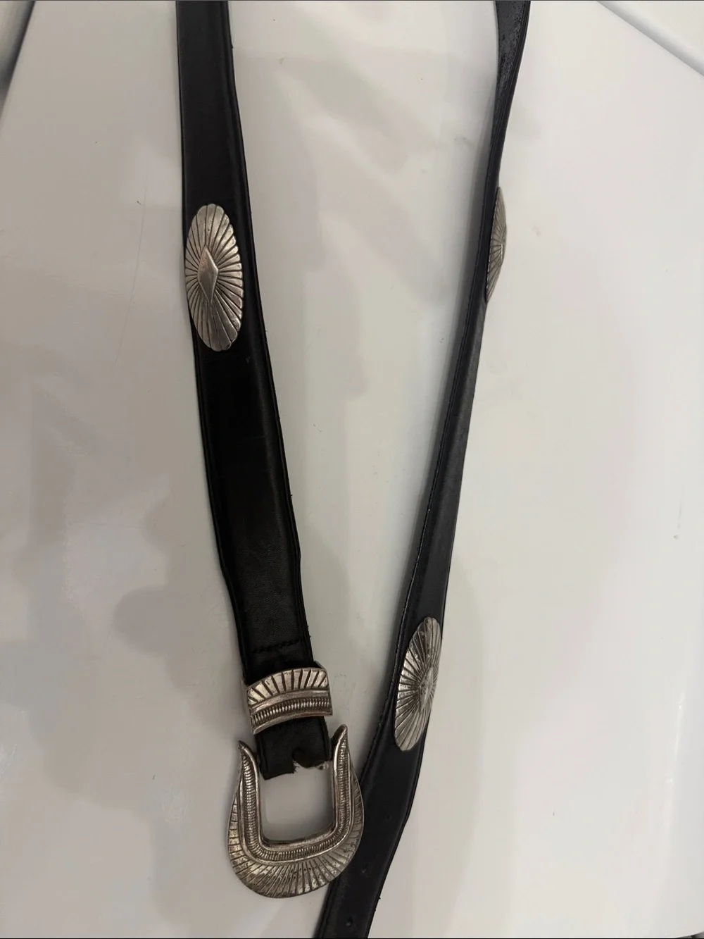 Vintage 1990s Onyx by Brighton Black Leather Western Concho Belt.